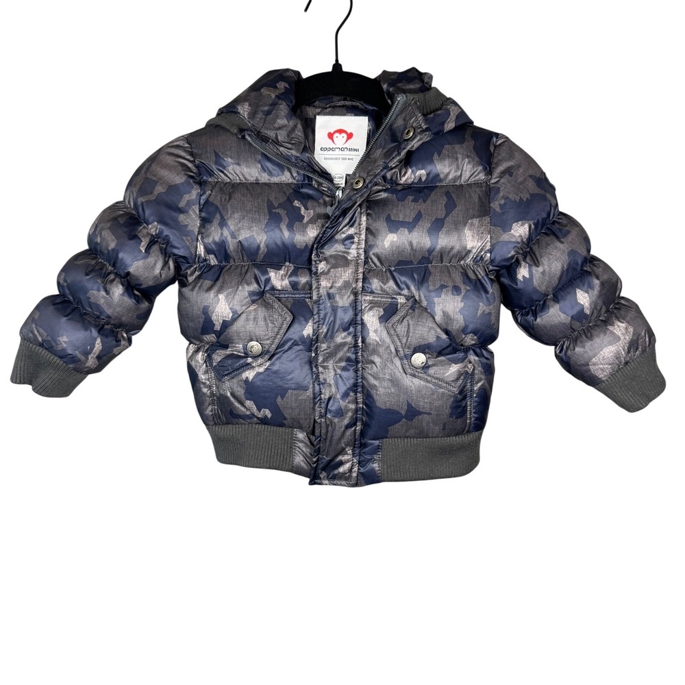 Appaman Mini Kids Camo Puffer Jacket‎ Metallic Blue Grey Down Fill Hooded 18-24M